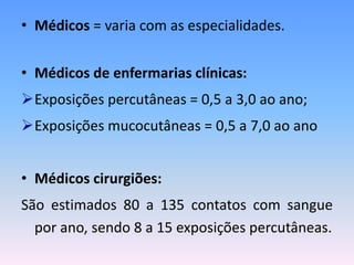 • Médicos = varia com as especialidades.
• Médicos de enfermarias clínicas:
Exposições percutâneas = 0,5 a 3,0 ao ano;
Exposições mucocutâneas = 0,5 a 7,0 ao ano
• Médicos cirurgiões:
São estimados 80 a 135 contatos com sangue
por ano, sendo 8 a 15 exposições percutâneas.
 