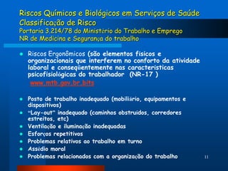 Riscos Químicos e Biológicos em Serviços de Saúde
Classificação de Risco
Portaria 3.214/78 do Ministério do Trabalho e Emprego
NR de Medicina e Segurança do trabalho

   Riscos Ergonômicos (são elementos físicos e
    organizacionais que interferem no conforto da atividade
    laboral e conseqüentemente nas características
    psicofisiológicas do trabalhador (NR-17 )
     www.mtb.gov.br.bits

   Posto de trabalho inadequado (mobiliário, equipamentos e
    dispositivos)
   “Lay-out” inadequado (caminhos obstruídos, corredores
    estreitos, etc)
   Ventilação e iluminação inadequadas
   Esforços repetitivos
   Problemas relativos ao trabalho em turno
   Assédio moral
   Problemas relacionados com a organização do trabalho       11
 