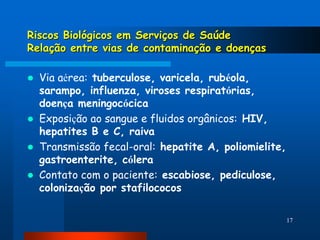 Riscos Biológicos em Serviços de Saúde
Relação entre vias de contaminação e doenças

 Via aérea: tuberculose, varicela, rubéola,
  sarampo, influenza, viroses respiratórias,
  doença meningocócica
 Exposição ao sangue e fluidos orgânicos: HIV,
  hepatites B e C, raiva
 Transmissão fecal-oral: hepatite A, poliomielite,
  gastroenterite, cólera
 Contato com o paciente: escabiose, pediculose,
  colonização por stafilococos

                                                      17
 