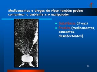 Medicamentos e drogas de risco também podem
contaminar o ambiente e o manipulador

                             Substância (droga)
                             Produto (medicamentos,
                              saneantes,
                              desinfectantes)




                                              30
 