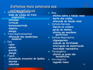 Sistemas mais sensíveis aos
     antineoplásicos
    Sistema Respiratório     Rins
   lesão de células do trato               efeitos sobre o túbulo renal
      respiratório
                                           morte das células
   enfisema
                                           alteração da função renal
   irritação
                                         Sistema Nervoso
   broncoconstrição
                                           hipóxia no cérebro
   dispnéia
                                           perda de mielina
   alergia
                                           efeitos em neurônios
 Trato Gastrointestinal                      periféricos
   Alteração das membranas               Sistema Reprodutivo
      celulares
                                           oligoespermia
 Pele
                                           redução da fertilidade
   rubor
                                           interrupção da menstruação
   edema
                                           toxicidade reprodutiva
   prurido
                                         Teratogênico
   alergia
                                           efeitos na prole não
 Fígado                                      hereditários
   acumulação excessiva de lípídios      Carcinogénico
   necrose                                 segundo tumor
   colestase                                                         34
 