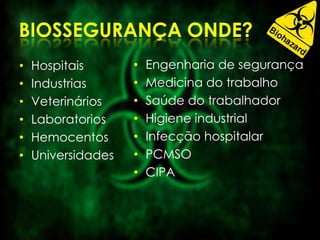 • Hospitais
• Industrias
• Veterinários
• Laboratorios
• Hemocentos
• Universidades
• Engenharia de segurança
• Medicina do trabalho
• Saúde do trabalhador
• Higiene industrial
• Infecção hospitalar
• PCMSO
• CIPA
 
