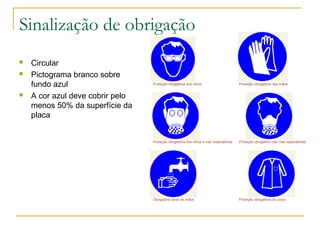Sinalização de obrigação
 Circular
 Pictograma branco sobre
fundo azul
 A cor azul deve cobrir pelo
menos 50% da superfície da
placa
Proteção obrigatória dos olhos Proteção obrigatória das mãos
Proteção obrigatória dos olhos e vias respiratórias Proteção obrigatório das vias respiratórias
Obrigatório lavar as mãos Proteção obrigatória do corpo
 