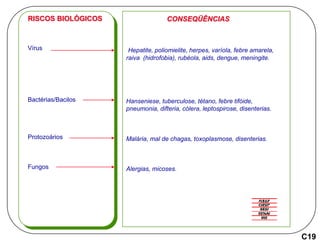 Vírus
Bactérias/Bacilos
Protozoários
Fungos
RISCOS BIOLÓGICOS CONSEQÜÊNCIAS
Hepatite, poliomielite, herpes, varíola, febre amarela,
raiva (hidrofobia), rubéola, aids, dengue, meningite.
Hanseniese, tuberculose, tétano, febre tifóide,
pneumonia, difteria, cólera, leptospirose, disenterias.
Malária, mal de chagas, toxoplasmose, disenterias.
Alergias, micoses.
C19
 