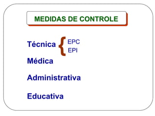 MEDIDAS DE CONTROLE
EPC
EPI
Técnica
Médica
Administrativa
Educativa
{
 