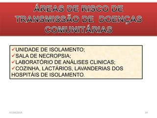 UNIDADE DE ISOLAMENTO; 
SALA DE NECROPSIA; 
LABORATÓRIO DE ANÁLISES CLINICAS; 
COZINHA, LACTÁRIOS, LAVANDERIAS DOS 
HOSPITÁIS DE ISOLAMENTO. 
07/09/2014 24 
 