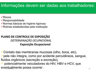 Informações devem ser dadas aos trabalhadores: 
Riscos 
Responsabilidade 
Normas básicas de higiene rigorosa 
Rotinas estabelecidas pela instituição 
PLANO DE CONTROLE DE EXPOSIÇÃO 
DETERMINAÇÃO OCUPACIONAL 
Exposição Ocupacional 
Contato das membranas mucosas (olho, boca, etc), 
pele não íntegra, como por acidente percutâneos, sangue, 
fluidos orgânicos (secreção e excreção), 
 potencialmente veiculadores do HIV, HBV e HCV, que 
eventualmente possa ocorrer . 
07/09/2014 40 
 