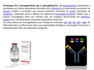 Anticorpos (Ac), imunoglobulinas (Ig) ou gamaglobulinas, são glicoproteínas sintetizadas e 
excretadas por células plasmáticas derivadas dos linfócitos B, os plasmócitos, presentes no 
plasma, tecidos e secreções que atacam proteínas estranhas ao corpo, chamadas de 
antígenos, realizando assim a defesa do organismo (imunidade humoral). Depois que o 
sistema imunológico entra em contato com um antígeno (proveniente de bactérias, 
fungos, etc.), são produzidos anticorpos específicos contra ele. 
Há cinco classes de imunoglobulina com função de anticorpo: IgA, IgD, IgE, IgG e IgM. Os 
diferentes tipos se diferenciam pela suas propriedades biológicas, localizações funcionais e 
habilidade para lidar com diferentes antígenos. 
07/09/2014 54 
 