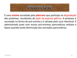 É uma enzima secretada pelo pâncreas que participa na degradação 
das proteínas, resultantes da ação da pepsina gátrica. A protease é 
secretada na forma de pró-enzima e é ativada pelo suco intestinal. É 
administrada junto com outras pró-enzimas pancreáticas amilase e 
lípase quando existe diminuição das secreções pancreáticas. 
07/09/2014 56 
 
