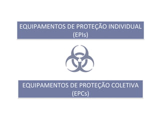 EQUIPAMENTOS DE PROTEÇÃO INDIVIDUAL
(EPIs)
EQUIPAMENTOS DE PROTEÇÃO INDIVIDUAL
(EPIs)
EQUIPAMENTOS DE PROTEÇÃO COLETIVA
(EPCs)
EQUIPAMENTOS DE PROTEÇÃO COLETIVA
(EPCs)
 