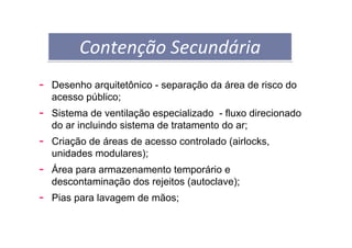 ESTRUTURA FÍSICA DO LABORATÓRIO- Desenho arquitetônico - separação da área de risco do
acesso público;
- Sistema de ventilação especializado - fluxo direcionado
do ar incluindo sistema de tratamento do ar;
- Criação de áreas de acesso controlado (airlocks,
unidades modulares);
- Área para armazenamento temporário e
descontaminação dos rejeitos (autoclave);
- Pias para lavagem de mãos;
Contenção SecundáriaContenção Secundária
 