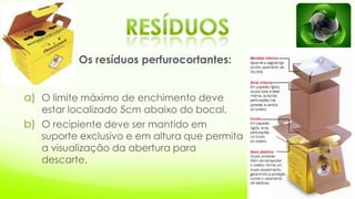  Os resíduos perfurocortantes:
a) O limite máximo de enchimento deve
estar localizado 5cm abaixo do bocal.
b) O recipiente deve ser mantido em
suporte exclusivo e em altura que permita
a visualização da abertura para
descarte.
 