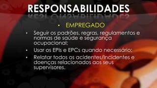 RESPONSABILIDADES
• EMPREGADO
• Seguir os padrões, regras, regulamentos e
normas de saúde e segurança
ocupacional;
• Usar os EPIs e EPCs quando necessário;
• Relatar todos os acidentes/Incidentes e
doenças relacionados aos seus
supervisores.
 