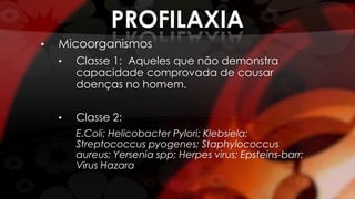 PROFILAXIA
• Micoorganismos
• Classe 1: Aqueles que não demonstra
capacidade comprovada de causar
doenças no homem.
• Classe 2:
E.Coli; Helicobacter Pylori; Klebsiela;
Streptococcus pyogenes; Staphylococcus
aureus; Yersenia spp; Herpes virus; Epsteins-barr;
Virus Hazara
 
