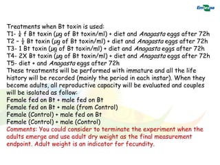 Treatments when Bt toxin is used:
T1- ¼ f Bt toxin (µg of Bt toxin/ml) + diet and Anagasta eggs after 72h
T2 – ½ Bt toxin (µg of Bt toxin/ml) + diet and Anagasta eggs after 72h
T3- 1 Bt toxin (µg of Bt toxin/ml) + diet and Anagasta eggs after 72h
T4- 2X Bt toxin (µg of Bt toxin/ml) + diet and Anagasta eggs after 72h
T5- diet + and Anagasta eggs after 72h
These treatments will be performed with immature and all the life
history will be recorded (mainly the period in each instar). When they
become adults, all reproductive capacity will be evaluated and couples
will be isolated as follow:
Female fed on Bt + male fed on Bt
Female fed on Bt + male (from Control)
Female (Control) + male fed on Bt
Female (Control) + male (Control)
Comments: You could consider to terminate the experiment when the
adults emerge and use adult dry weight as the final measurement
endpoint. Adult weight is an indicator for fecundity.
 