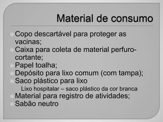 Copo descartável para proteger as
vacinas;
Caixa para coleta de material perfuro-
cortante;
Papel toalha;
Depósito para lixo comum (com tampa);
Saco plástico para lixo
• Lixo hospitalar – saco plástico da cor branca
Material para registro de atividades;
Sabão neutro
 
