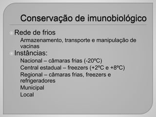 Rede de frios
• Armazenamento, transporte e manipulação de
vacinas
Instâncias:
• Nacional – câmaras frias (-20ºC)
• Central estadual – freezers (+2ºC e +8ºC)
• Regional – câmaras frias, freezers e
refrigeradores
• Municipal
• Local
 