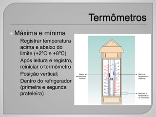  Máxima e mínima
• Registrar temperatura
acima e abaixo do
limite (+2ºC e +8ºC)
• Após leitura e registro,
reiniciar o termômetro
• Posição vertical;
• Dentro do refrigerador
(primeira e segunda
prateleira)
 