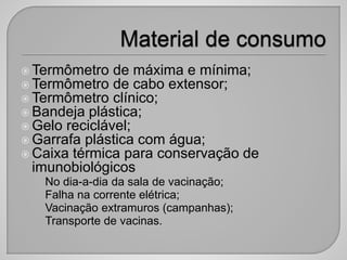  Termômetro de máxima e mínima;
 Termômetro de cabo extensor;
 Termômetro clínico;
 Bandeja plástica;
 Gelo reciclável;
 Garrafa plástica com água;
 Caixa térmica para conservação de
imunobiológicos
• No dia-a-dia da sala de vacinação;
• Falha na corrente elétrica;
• Vacinação extramuros (campanhas);
• Transporte de vacinas.
 
