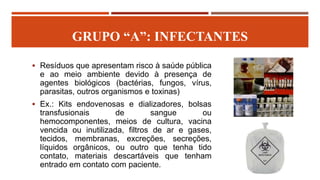 GRUPO “A”: INFECTANTES
 Resíduos que apresentam risco à saúde pública
e ao meio ambiente devido à presença de
agentes biológicos (bactérias, fungos, vírus,
parasitas, outros organismos e toxinas)
 Ex.: Kits endovenosas e dializadores, bolsas
transfusionais de sangue ou
hemocomponentes, meios de cultura, vacina
vencida ou inutilizada, filtros de ar e gases,
tecidos, membranas, excreções, secreções,
líquidos orgânicos, ou outro que tenha tido
contato, materiais descartáveis que tenham
entrado em contato com paciente.
 