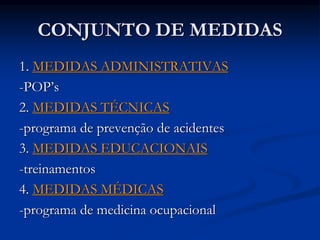 CONJUNTO DE MEDIDAS
1. MEDIDAS ADMINISTRATIVAS
-POP’s
2. MEDIDAS TÉCNICAS
-programa de prevenção de acidentes
3. MEDIDAS EDUCACIONAIS
-treinamentos
4. MEDIDAS MÉDICAS
-programa de medicina ocupacional
 