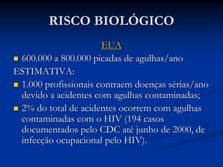 RISCO BIOLÓGICO
EUA
 600.000 a 800.000 picadas de agulhas/ano
ESTIMATIVA:
 1.000 profissionais contraem doenças sérias/ano
devido a acidentes com agulhas contaminadas;
 2% do total de acidentes ocorrem com agulhas
contaminadas com o HIV (194 casos
documentados pelo CDC até junho de 2000, de
infecção ocupacional pelo HIV).
 