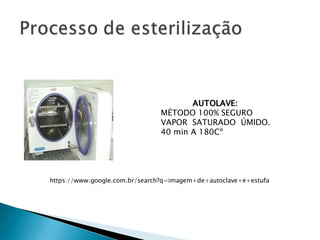 https://www.google.com.br/search?q=imagem+de+autoclave+e+estufa
AUTOLAVE:
MÉTODO 100% SEGURO
VAPOR SATURADO ÚMIDO.
40 min A 180Cº
 