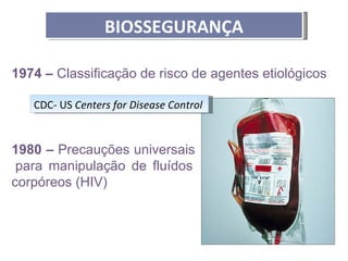 BIOSSEGURANÇA

1974 – Classificação de risco de agentes etiológicos

   CDC- US Centers for Disease Control


1980 – Precauções universais
 para manipulação de fluídos
corpóreos (HIV)
 