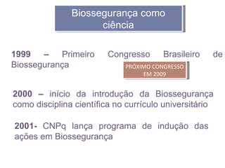 Biossegurança como
                     ciência

1999   –   Primeiro      Congresso      Brasileiro   de
Biossegurança                PRÓXIMO CONGRESSO
                                  EM 2009


2000 – início da introdução da Biossegurança
como disciplina científica no currículo universitário

2001- CNPq lança programa de indução das
ações em Biossegurança
 