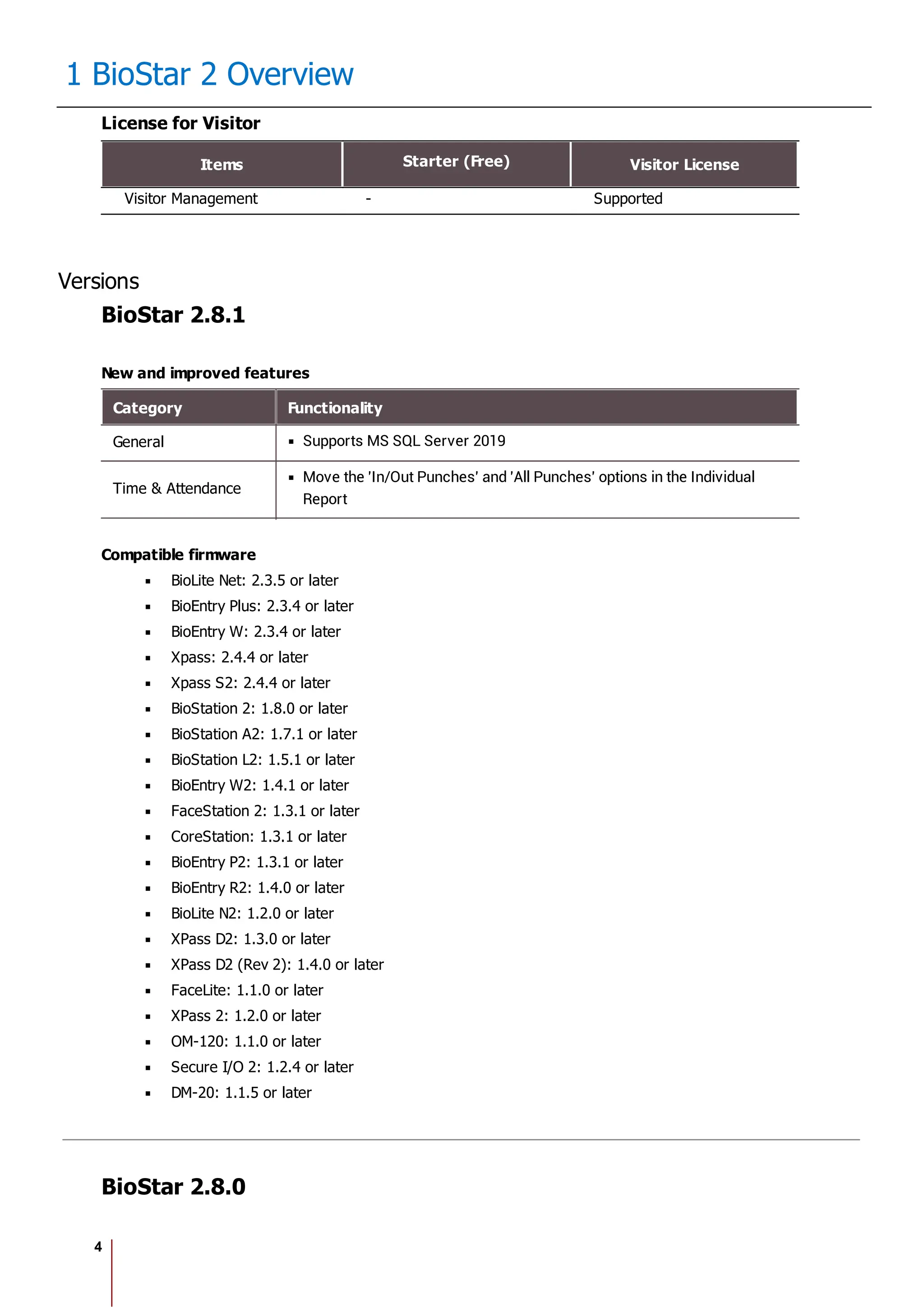 4
1 BioStar 2 Overview
License for Visitor
Items Starter (Free) Visitor License
Visitor Management - Supported
Versions
BioStar 2.8.1
New and improved features
Category Functionality
General Supports MS SQL Server 2019
Time & Attendance
Move the 'In/Out Punches' and 'All Punches' options in the Individual
Report
Compatible firmware
BioLite Net: 2.3.5 or later
BioEntry Plus: 2.3.4 or later
BioEntry W: 2.3.4 or later
Xpass: 2.4.4 or later
Xpass S2: 2.4.4 or later
BioStation 2: 1.8.0 or later
BioStation A2: 1.7.1 or later
BioStation L2: 1.5.1 or later
BioEntry W2: 1.4.1 or later
FaceStation 2: 1.3.1 or later
CoreStation: 1.3.1 or later
BioEntry P2: 1.3.1 or later
BioEntry R2: 1.4.0 or later
BioLite N2: 1.2.0 or later
XPass D2: 1.3.0 or later
XPass D2 (Rev 2): 1.4.0 or later
FaceLite: 1.1.0 or later
XPass 2: 1.2.0 or later
OM-120: 1.1.0 or later
Secure I/O 2: 1.2.4 or later
DM-20: 1.1.5 or later
BioStar 2.8.0
 