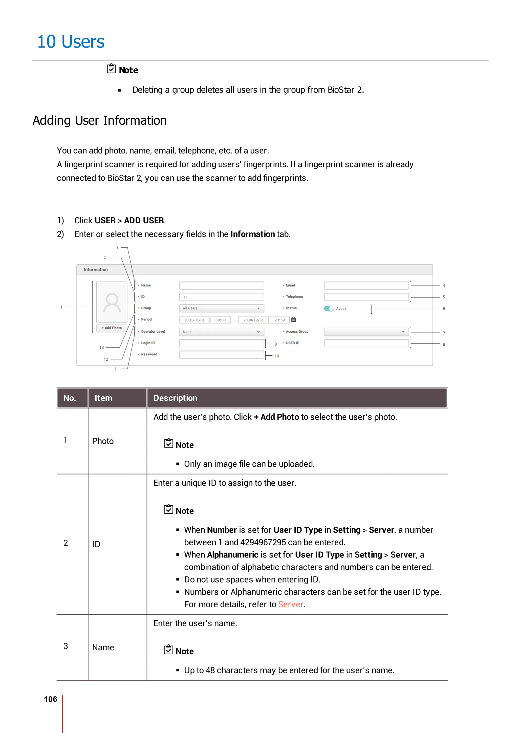 106
10 Users
Note
Deleting a group deletes all users in the group from BioStar 2.
Adding User Information
You can add photo, name, email, telephone, etc. of a user.
A fingerprint scanner is required for adding users' fingerprints. If a fingerprint scanner is already
connected to BioStar 2, you can use the scanner to add fingerprints.
1) Click USER > ADD USER.
2) Enter or select the necessary fields in the Information tab.
No. Item Description
1 Photo
Add the user's photo. Click + Add Photo to select the user's photo.
Note
Only an image file can be uploaded.
2 ID
Enter a unique ID to assign to the user.
Note
When Number is set for User ID Type in Setting > Server, a number
between 1 and 4294967295 can be entered.
When Alphanumeric is set for User ID Type in Setting > Server, a
combination of alphabetic characters and numbers can be entered.
Do not use spaces when entering ID.
Numbers or Alphanumeric characters can be set for the user ID type.
For more details, refer to Server.
3 Name
Enter the user's name.
Note
Up to 48 characters may be entered for the user's name.
 