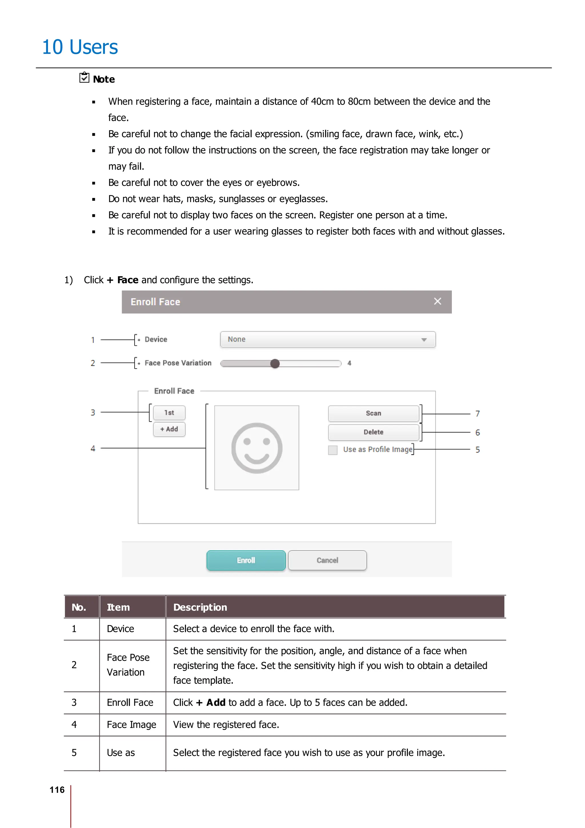 116
10 Users
Note
When registering a face, maintain a distance of 40cm to 80cm between the device and the
face.
Be careful not to change the facial expression. (smiling face, drawn face, wink, etc.)
If you do not follow the instructions on the screen, the face registration may take longer or
may fail.
Be careful not to cover the eyes or eyebrows.
Do not wear hats, masks, sunglasses or eyeglasses.
Be careful not to display two faces on the screen. Register one person at a time.
It is recommended for a user wearing glasses to register both faces with and without glasses.
1) Click + Face and configure the settings.
No. Item Description
1 Device Select a device to enroll the face with.
2
Face Pose
Variation
Set the sensitivity for the position, angle, and distance of a face when
registering the face. Set the sensitivity high if you wish to obtain a detailed
face template.
3 Enroll Face Click + Add to add a face. Up to 5 faces can be added.
4 Face Image View the registered face.
5 Use as Select the registered face you wish to use as your profile image.
 