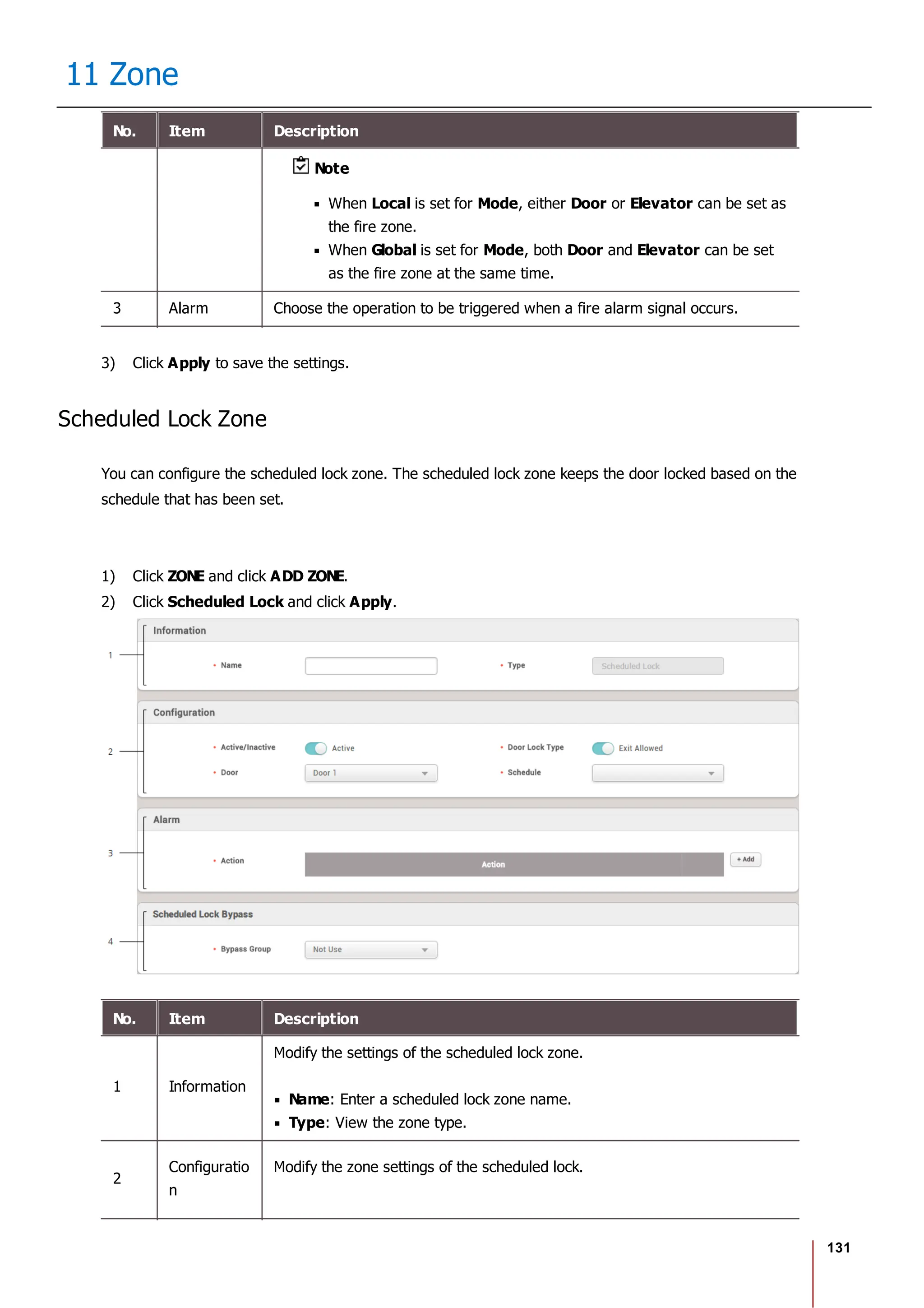 131
11 Zone
No. Item Description
Note
When Local is set for Mode, either Door or Elevator can be set as
the fire zone.
When Global is set for Mode, both Door and Elevator can be set
as the fire zone at the same time.
3 Alarm Choose the operation to be triggered when a fire alarm signal occurs.
3) Click Apply to save the settings.
Scheduled Lock Zone
You can configure the scheduled lock zone. The scheduled lock zone keeps the door locked based on the
schedule that has been set.
1) Click ZONE and click ADD ZONE.
2) Click Scheduled Lock and click Apply.
No. Item Description
1 Information
Modify the settings of the scheduled lock zone.
Name: Enter a scheduled lock zone name.
Type: View the zone type.
2
Configuratio
n
Modify the zone settings of the scheduled lock.
 