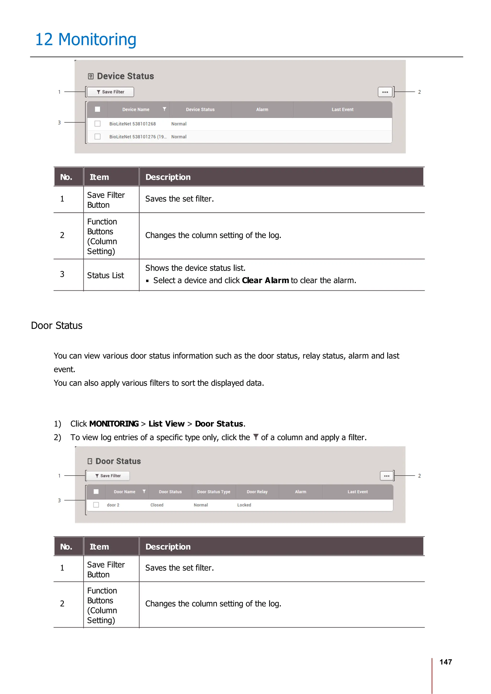 147
12 Monitoring
No. Item Description
1 Save Filter
Button
Saves the set filter.
2
Function
Buttons
(Column
Setting)
Changes the column setting of the log.
3 Status List
Shows the device status list.
Select a device and click Clear Alarm to clear the alarm.
Door Status
You can view various door status information such as the door status, relay status, alarm and last
event.
You can also apply various filters to sort the displayed data.
1) Click MONITORING > List View > Door Status.
2) To view log entries of a specific type only, click the of a column and apply a filter.
No. Item Description
1 Save Filter
Button
Saves the set filter.
2
Function
Buttons
(Column
Setting)
Changes the column setting of the log.
 