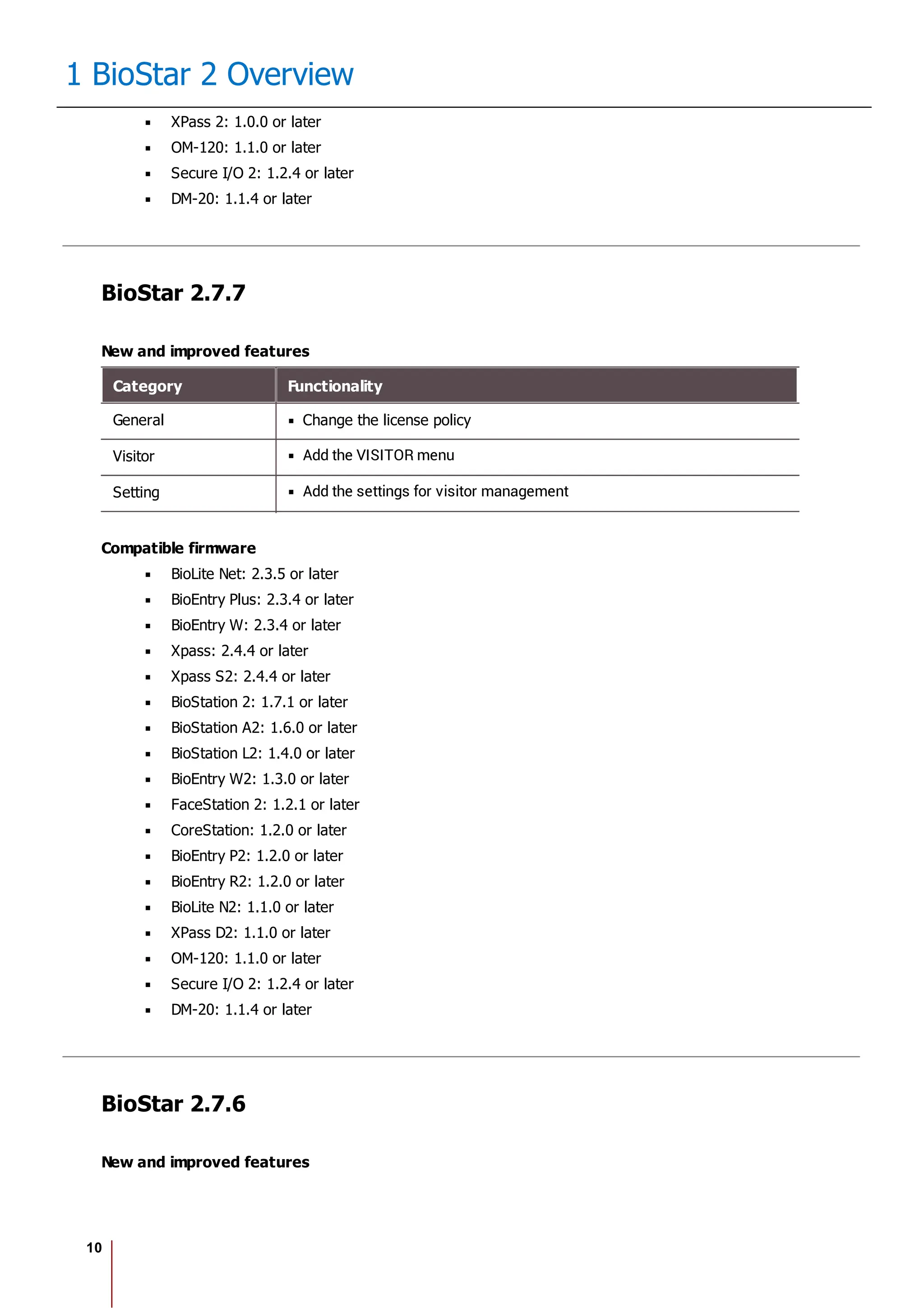 10
1 BioStar 2 Overview
XPass 2: 1.0.0 or later
OM-120: 1.1.0 or later
Secure I/O 2: 1.2.4 or later
DM-20: 1.1.4 or later
BioStar 2.7.7
New and improved features
Category Functionality
General Change the license policy
Visitor Add the VISITOR menu
Setting Add the settings for visitor management
Compatible firmware
BioLite Net: 2.3.5 or later
BioEntry Plus: 2.3.4 or later
BioEntry W: 2.3.4 or later
Xpass: 2.4.4 or later
Xpass S2: 2.4.4 or later
BioStation 2: 1.7.1 or later
BioStation A2: 1.6.0 or later
BioStation L2: 1.4.0 or later
BioEntry W2: 1.3.0 or later
FaceStation 2: 1.2.1 or later
CoreStation: 1.2.0 or later
BioEntry P2: 1.2.0 or later
BioEntry R2: 1.2.0 or later
BioLite N2: 1.1.0 or later
XPass D2: 1.1.0 or later
OM-120: 1.1.0 or later
Secure I/O 2: 1.2.4 or later
DM-20: 1.1.4 or later
BioStar 2.7.6
New and improved features
 