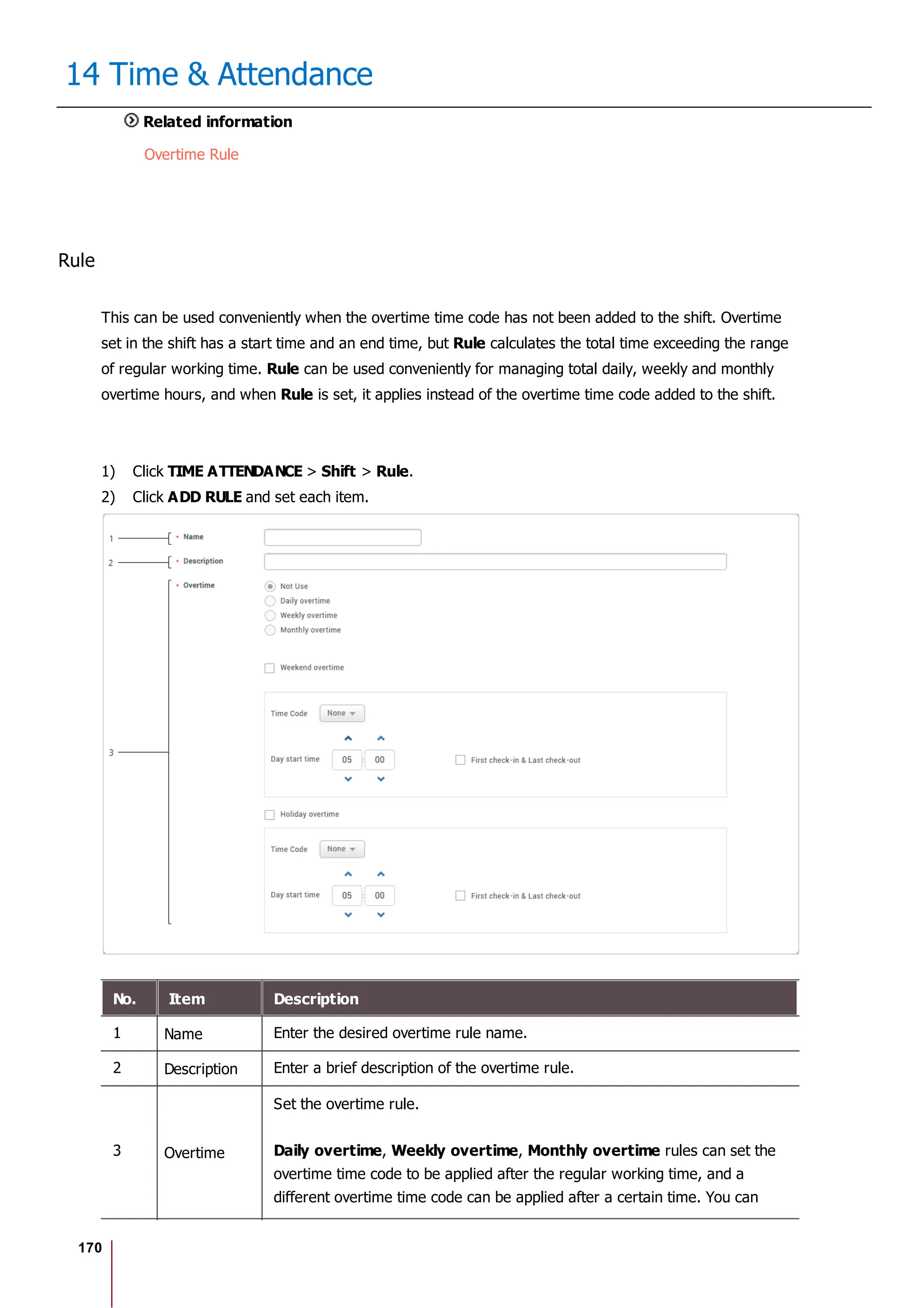 170
14 Time & Attendance
Related information
Overtime Rule
Rule
This can be used conveniently when the overtime time code has not been added to the shift. Overtime
set in the shift has a start time and an end time, but Rule calculates the total time exceeding the range
of regular working time. Rule can be used conveniently for managing total daily, weekly and monthly
overtime hours, and when Rule is set, it applies instead of the overtime time code added to the shift.
1) Click TIME ATTENDANCE > Shift > Rule.
2) Click ADD RULE and set each item.
No. Item Description
1 Name Enter the desired overtime rule name.
2 Description Enter a brief description of the overtime rule.
3 Overtime
Set the overtime rule.
Daily overtime, Weekly overtime, Monthly overtime rules can set the
overtime time code to be applied after the regular working time, and a
different overtime time code can be applied after a certain time. You can
 