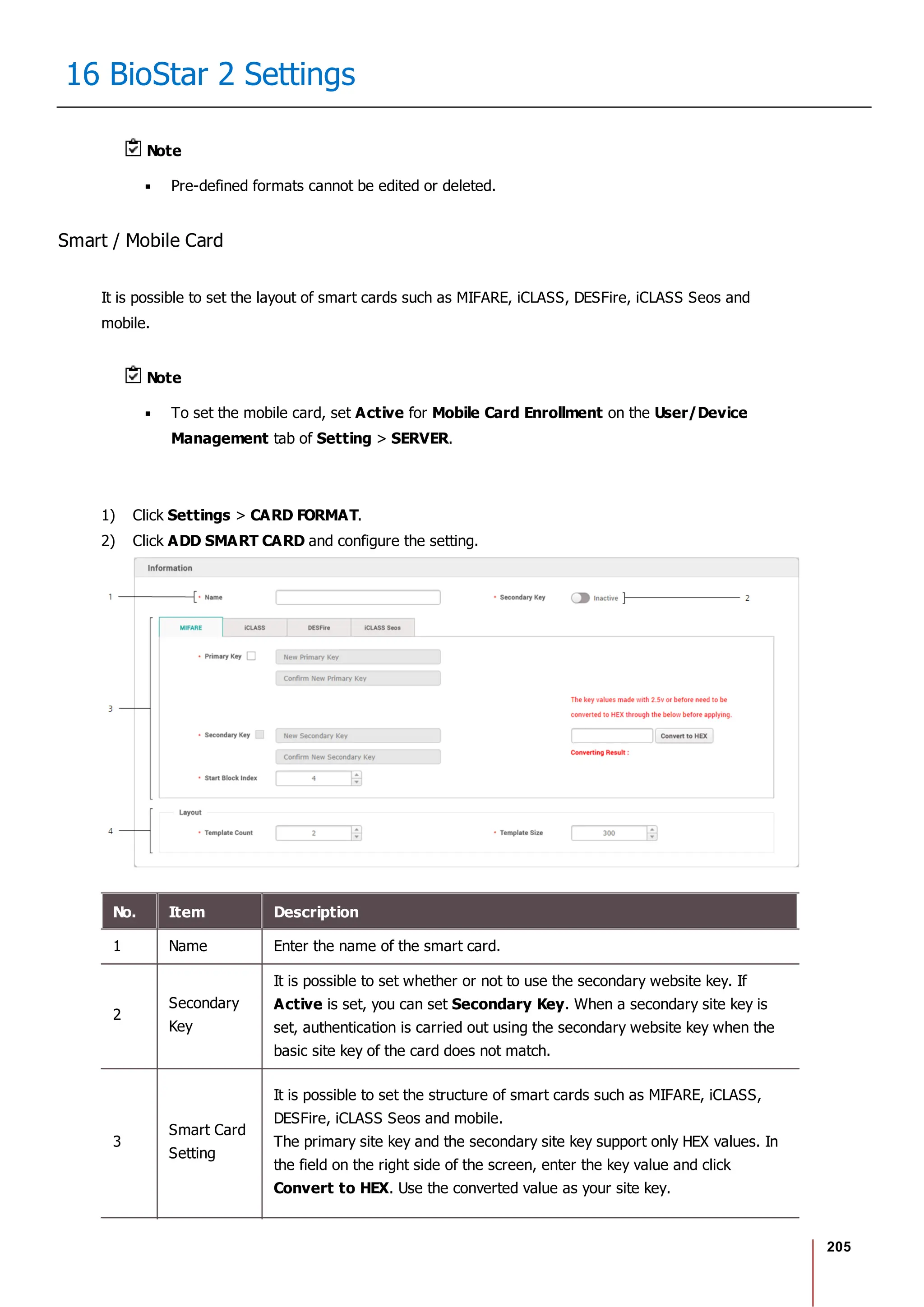 205
16 BioStar 2 Settings
Note
Pre-defined formats cannot be edited or deleted.
Smart / Mobile Card
It is possible to set the layout of smart cards such as MIFARE, iCLASS, DESFire, iCLASS Seos and
mobile.
Note
To set the mobile card, set Active for Mobile Card Enrollment on the User/Device
Management tab of Setting > SERVER.
1) Click Settings > CARD FORMAT.
2) Click ADD SMART CARD and configure the setting.
No. Item Description
1 Name Enter the name of the smart card.
2
Secondary
Key
It is possible to set whether or not to use the secondary website key. If
Active is set, you can set Secondary Key. When a secondary site key is
set, authentication is carried out using the secondary website key when the
basic site key of the card does not match.
3
Smart Card
Setting
It is possible to set the structure of smart cards such as MIFARE, iCLASS,
DESFire, iCLASS Seos and mobile.
The primary site key and the secondary site key support only HEX values. In
the field on the right side of the screen, enter the key value and click
Convert to HEX. Use the converted value as your site key.
 