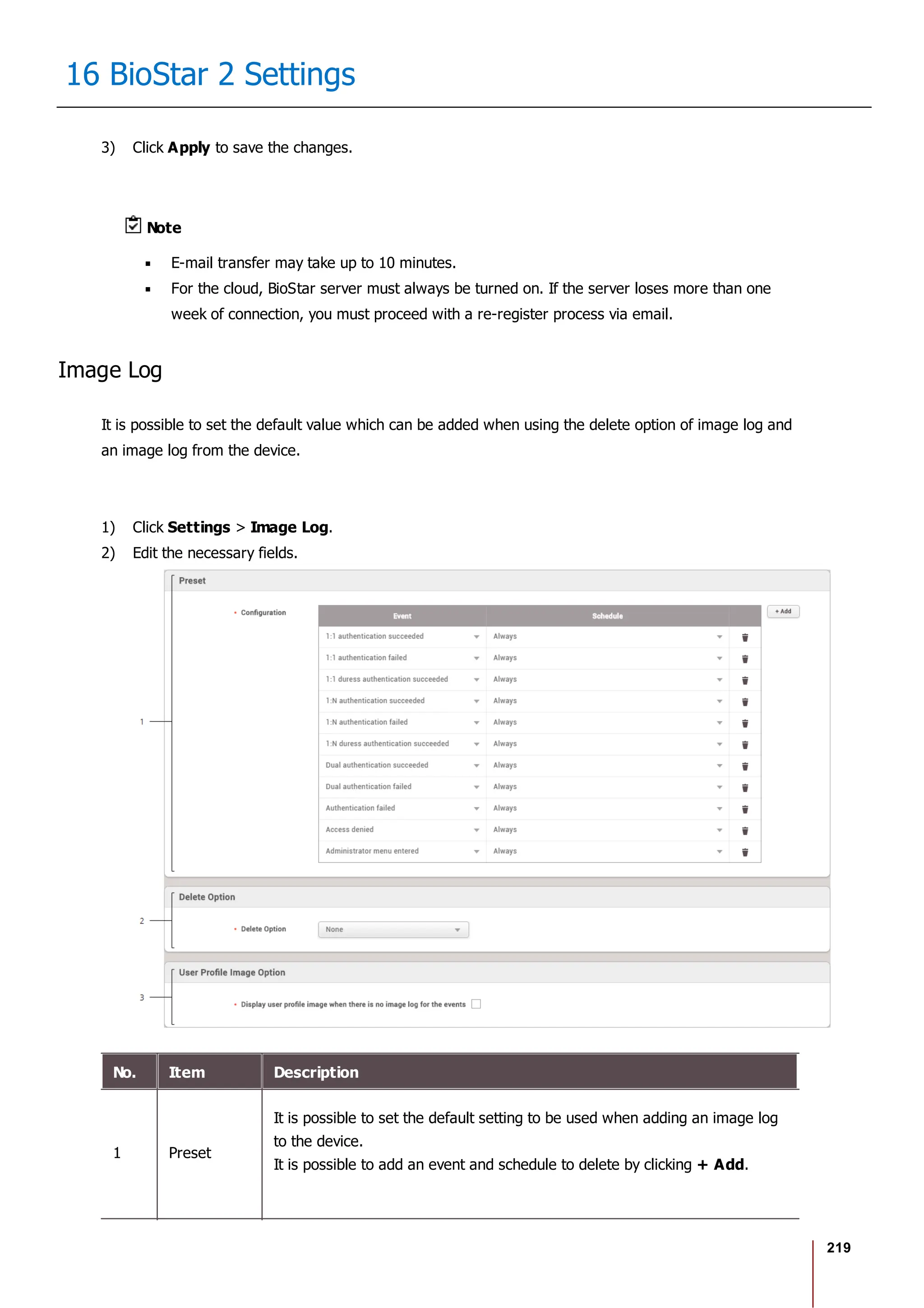 219
16 BioStar 2 Settings
3) Click Apply to save the changes.
Note
E-mail transfer may take up to 10 minutes.
For the cloud, BioStar server must always be turned on. If the server loses more than one
week of connection, you must proceed with a re-register process via email.
Image Log
It is possible to set the default value which can be added when using the delete option of image log and
an image log from the device.
1) Click Settings > Image Log.
2) Edit the necessary fields.
No. Item Description
1 Preset
It is possible to set the default setting to be used when adding an image log
to the device.
It is possible to add an event and schedule to delete by clicking + Add.
 