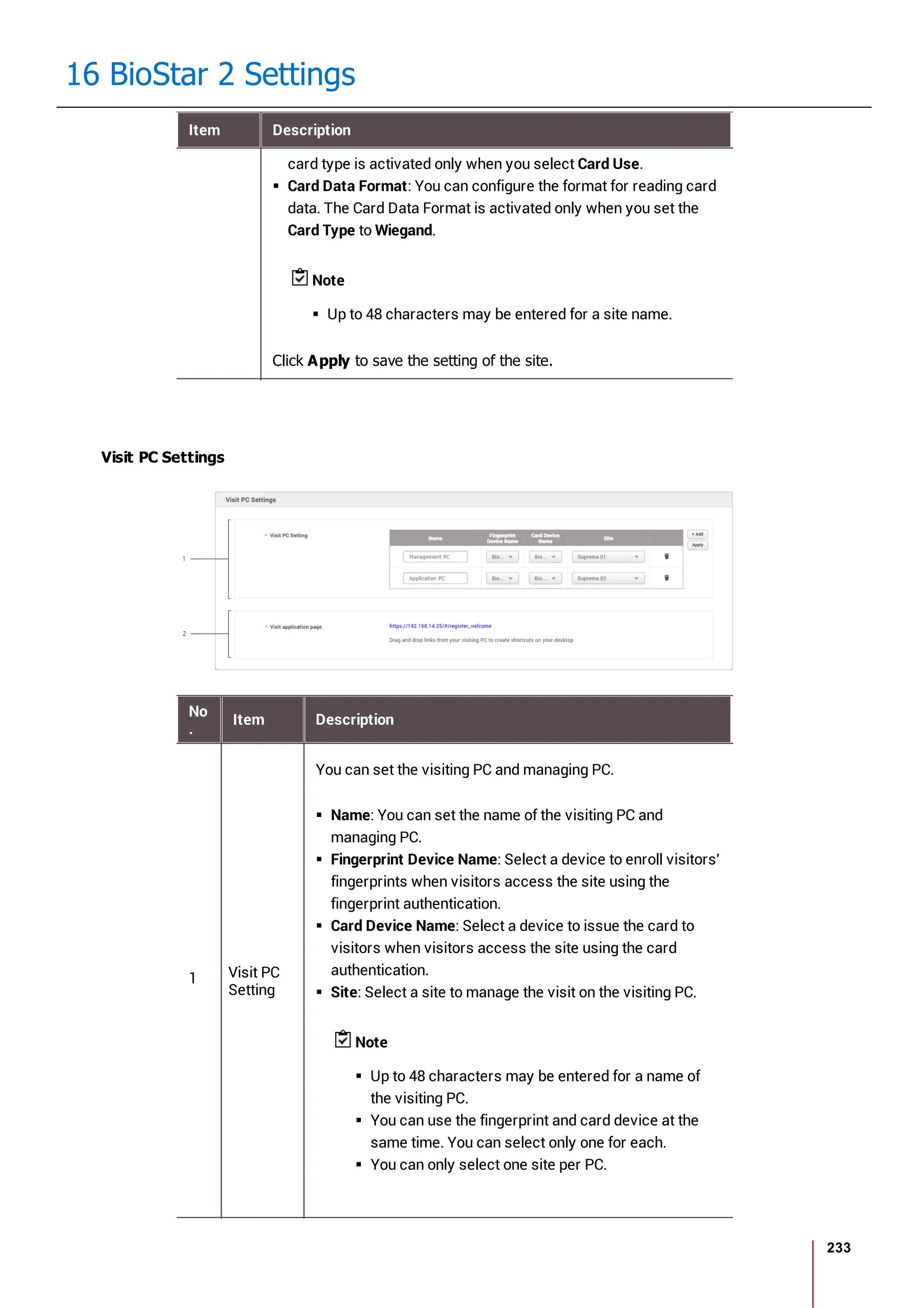233
16 BioStar 2 Settings
Item Description
card type is activated only when you select Card Use.
Card Data Format: You can configure the format for reading card
data. The Card Data Format is activated only when you set the
Card Type to Wiegand.
Note
Up to 48 characters may be entered for a site name.
Click Apply to save the setting of the site.
Visit PC Settings
No
.
Item Description
1 Visit PC
Setting
You can set the visiting PC and managing PC.
Name: You can set the name of the visiting PC and
managing PC.
Fingerprint Device Name: Select a device to enroll visitors'
fingerprints when visitors access the site using the
fingerprint authentication.
Card Device Name: Select a device to issue the card to
visitors when visitors access the site using the card
authentication.
Site: Select a site to manage the visit on the visiting PC.
Note
Up to 48 characters may be entered for a name of
the visiting PC.
You can use the fingerprint and card device at the
same time. You can select only one for each.
You can only select one site per PC.
 
