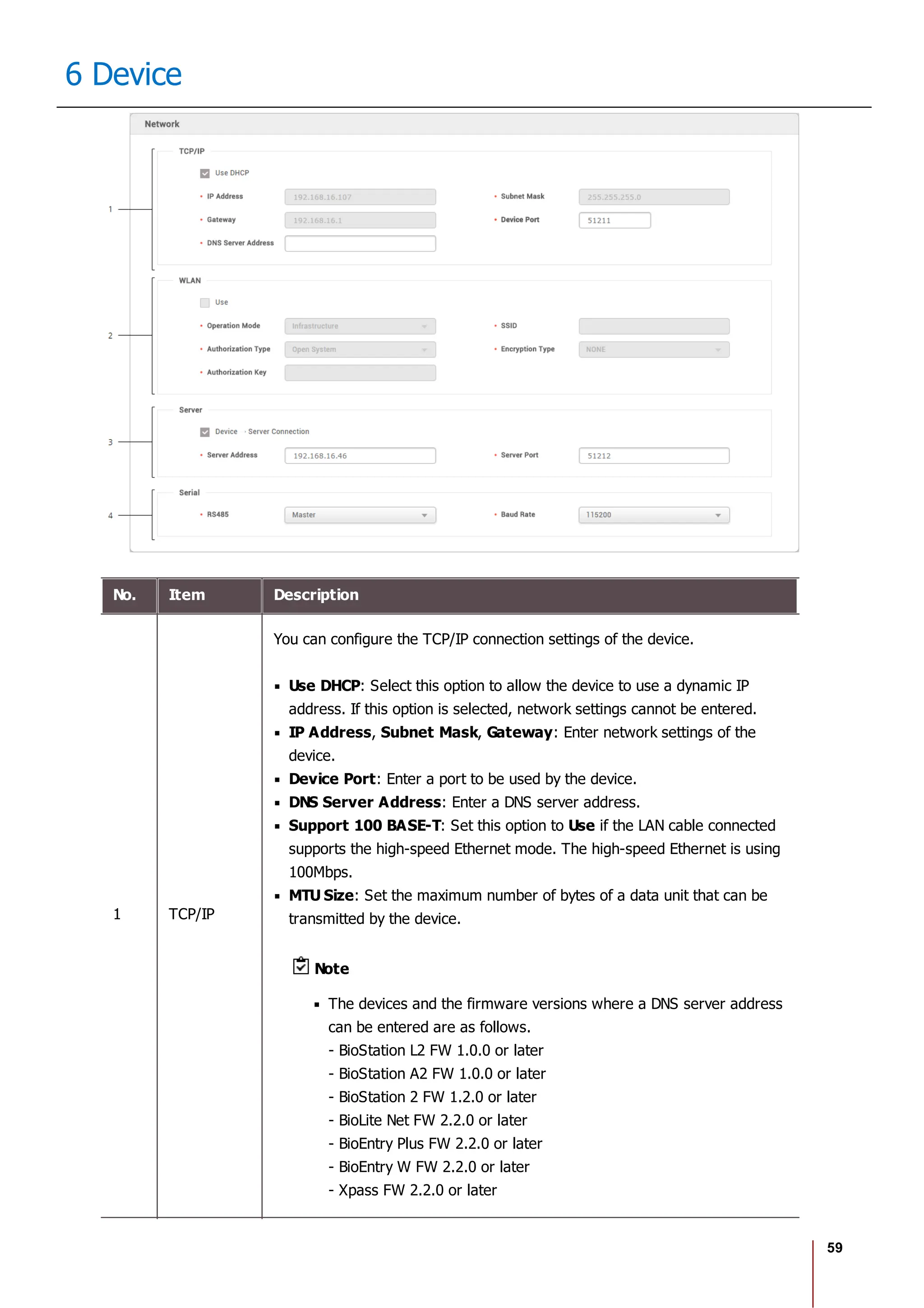 59
6 Device
No. Item Description
1 TCP/IP
You can configure the TCP/IP connection settings of the device.
Use DHCP: Select this option to allow the device to use a dynamic IP
address. If this option is selected, network settings cannot be entered.
IP Address, Subnet Mask, Gateway: Enter network settings of the
device.
Device Port: Enter a port to be used by the device.
DNS Server Address: Enter a DNS server address.
Support 100 BASE-T: Set this option to Use if the LAN cable connected
supports the high-speed Ethernet mode. The high-speed Ethernet is using
100Mbps.
MTU Size: Set the maximum number of bytes of a data unit that can be
transmitted by the device.
Note
The devices and the firmware versions where a DNS server address
can be entered are as follows.
- BioStation L2 FW 1.0.0 or later
- BioStation A2 FW 1.0.0 or later
- BioStation 2 FW 1.2.0 or later
- BioLite Net FW 2.2.0 or later
- BioEntry Plus FW 2.2.0 or later
- BioEntry W FW 2.2.0 or later
- Xpass FW 2.2.0 or later
 