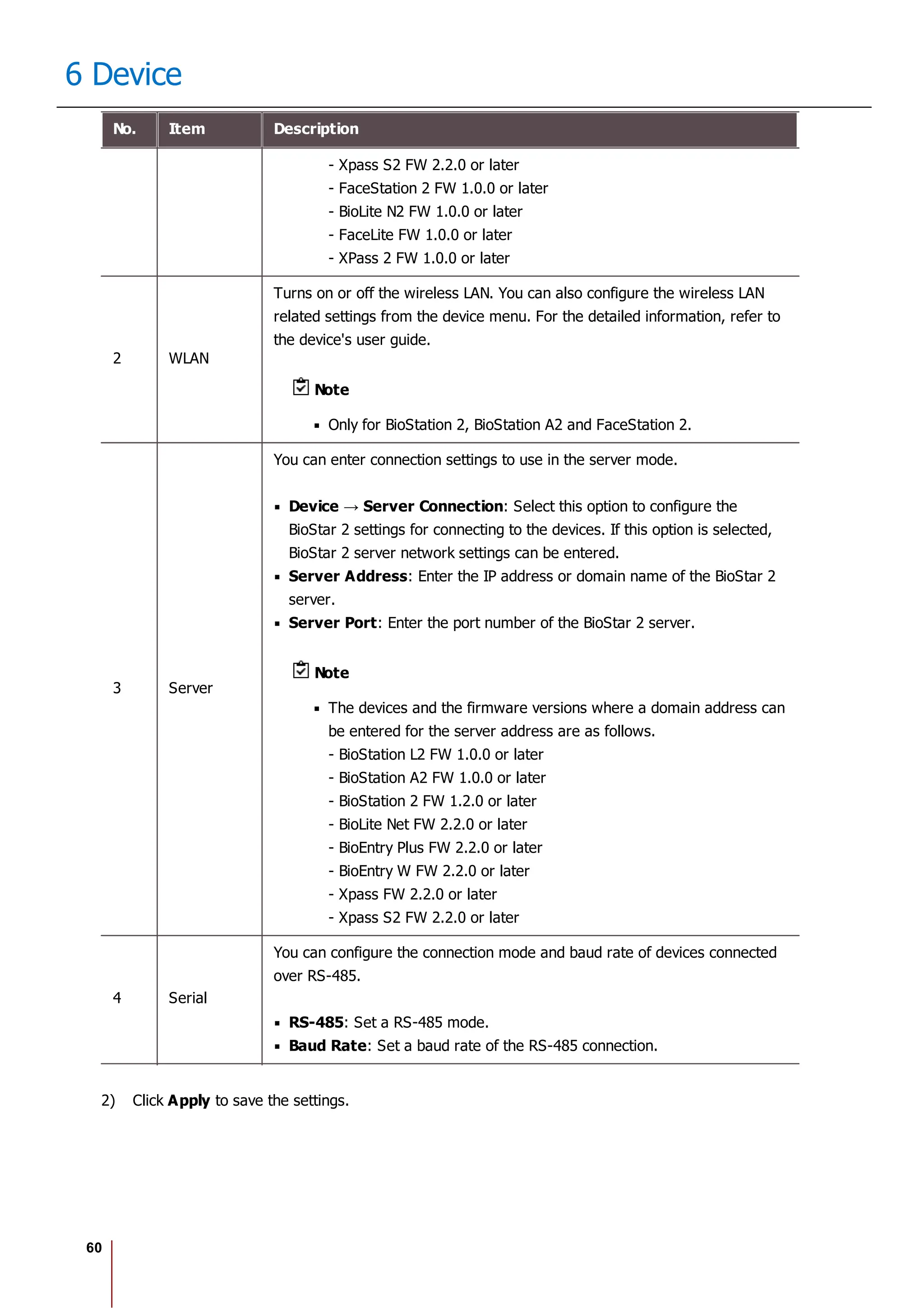 60
6 Device
No. Item Description
- Xpass S2 FW 2.2.0 or later
- FaceStation 2 FW 1.0.0 or later
- BioLite N2 FW 1.0.0 or later
- FaceLite FW 1.0.0 or later
- XPass 2 FW 1.0.0 or later
2 WLAN
Turns on or off the wireless LAN. You can also configure the wireless LAN
related settings from the device menu. For the detailed information, refer to
the device's user guide.
Note
Only for BioStation 2, BioStation A2 and FaceStation 2.
3 Server
You can enter connection settings to use in the server mode.
: Select this option to configure the
BioStar 2 settings for connecting to the devices. If this option is selected,
BioStar 2 server network settings can be entered.
Server Address: Enter the IP address or domain name of the BioStar 2
server.
Server Port: Enter the port number of the BioStar 2 server.
Note
The devices and the firmware versions where a domain address can
be entered for the server address are as follows.
- BioStation L2 FW 1.0.0 or later
- BioStation A2 FW 1.0.0 or later
- BioStation 2 FW 1.2.0 or later
- BioLite Net FW 2.2.0 or later
- BioEntry Plus FW 2.2.0 or later
- BioEntry W FW 2.2.0 or later
- Xpass FW 2.2.0 or later
- Xpass S2 FW 2.2.0 or later
4 Serial
You can configure the connection mode and baud rate of devices connected
over RS-485.
RS-485: Set a RS-485 mode.
Baud Rate: Set a baud rate of the RS-485 connection.
2) Click Apply to save the settings.
 