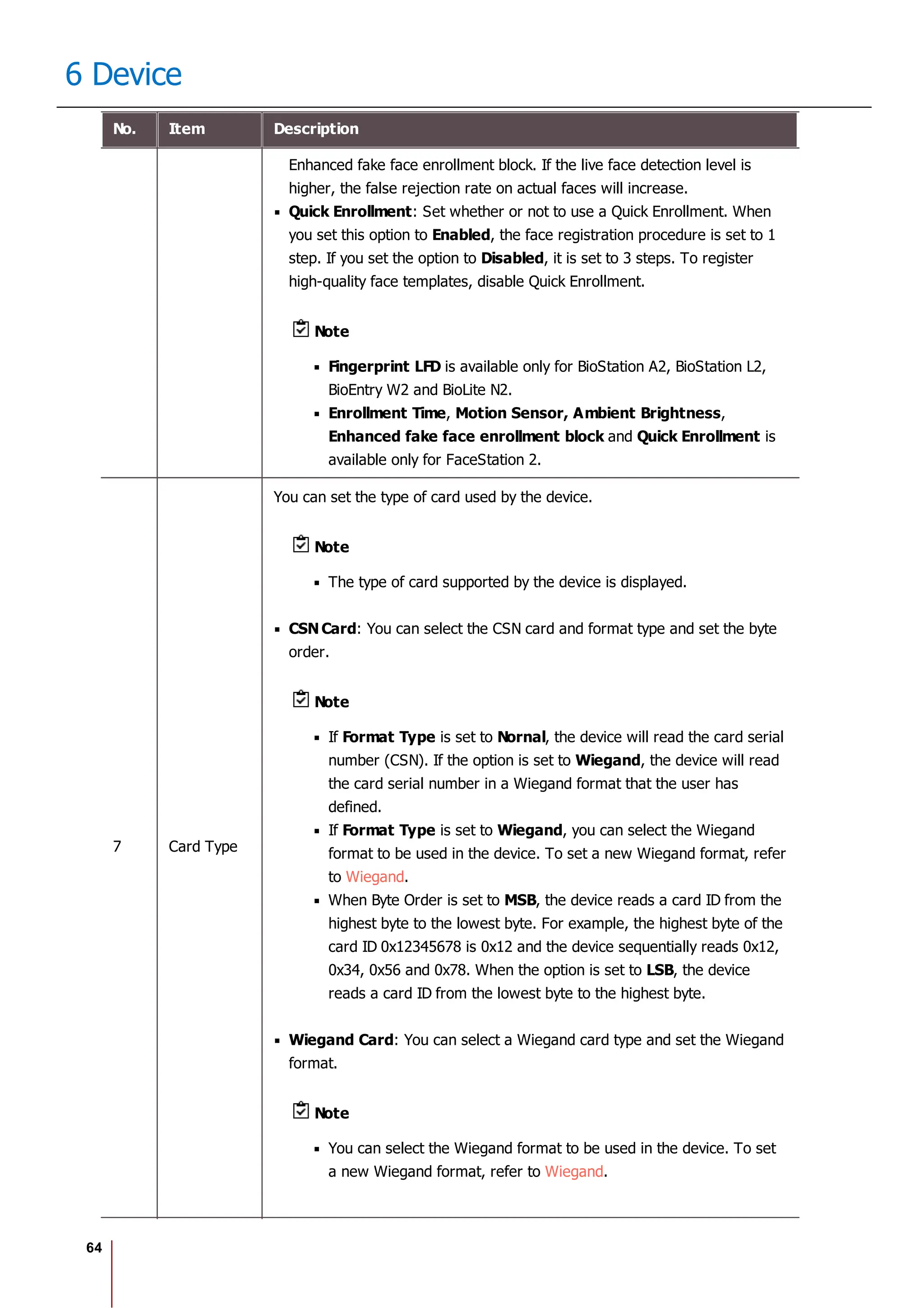 64
6 Device
No. Item Description
Enhanced fake face enrollment block. If the live face detection level is
higher, the false rejection rate on actual faces will increase.
Quick Enrollment: Set whether or not to use a Quick Enrollment. When
you set this option to Enabled, the face registration procedure is set to 1
step. If you set the option to Disabled, it is set to 3 steps. To register
high-quality face templates, disable Quick Enrollment.
Note
Fingerprint LFD is available only for BioStation A2, BioStation L2,
BioEntry W2 and BioLite N2.
Enrollment Time, Motion Sensor, Ambient Brightness,
Enhanced fake face enrollment block and Quick Enrollment is
available only for FaceStation 2.
7 Card Type
You can set the type of card used by the device.
Note
The type of card supported by the device is displayed.
CSN Card: You can select the CSN card and format type and set the byte
order.
Note
If Format Type is set to Nornal, the device will read the card serial
number (CSN). If the option is set to Wiegand, the device will read
the card serial number in a Wiegand format that the user has
defined.
If Format Type is set to Wiegand, you can select the Wiegand
format to be used in the device. To set a new Wiegand format, refer
to Wiegand.
When Byte Order is set to MSB, the device reads a card ID from the
highest byte to the lowest byte. For example, the highest byte of the
card ID 0x12345678 is 0x12 and the device sequentially reads 0x12,
0x34, 0x56 and 0x78. When the option is set to LSB, the device
reads a card ID from the lowest byte to the highest byte.
Wiegand Card: You can select a Wiegand card type and set the Wiegand
format.
Note
You can select the Wiegand format to be used in the device. To set
a new Wiegand format, refer to Wiegand.
 