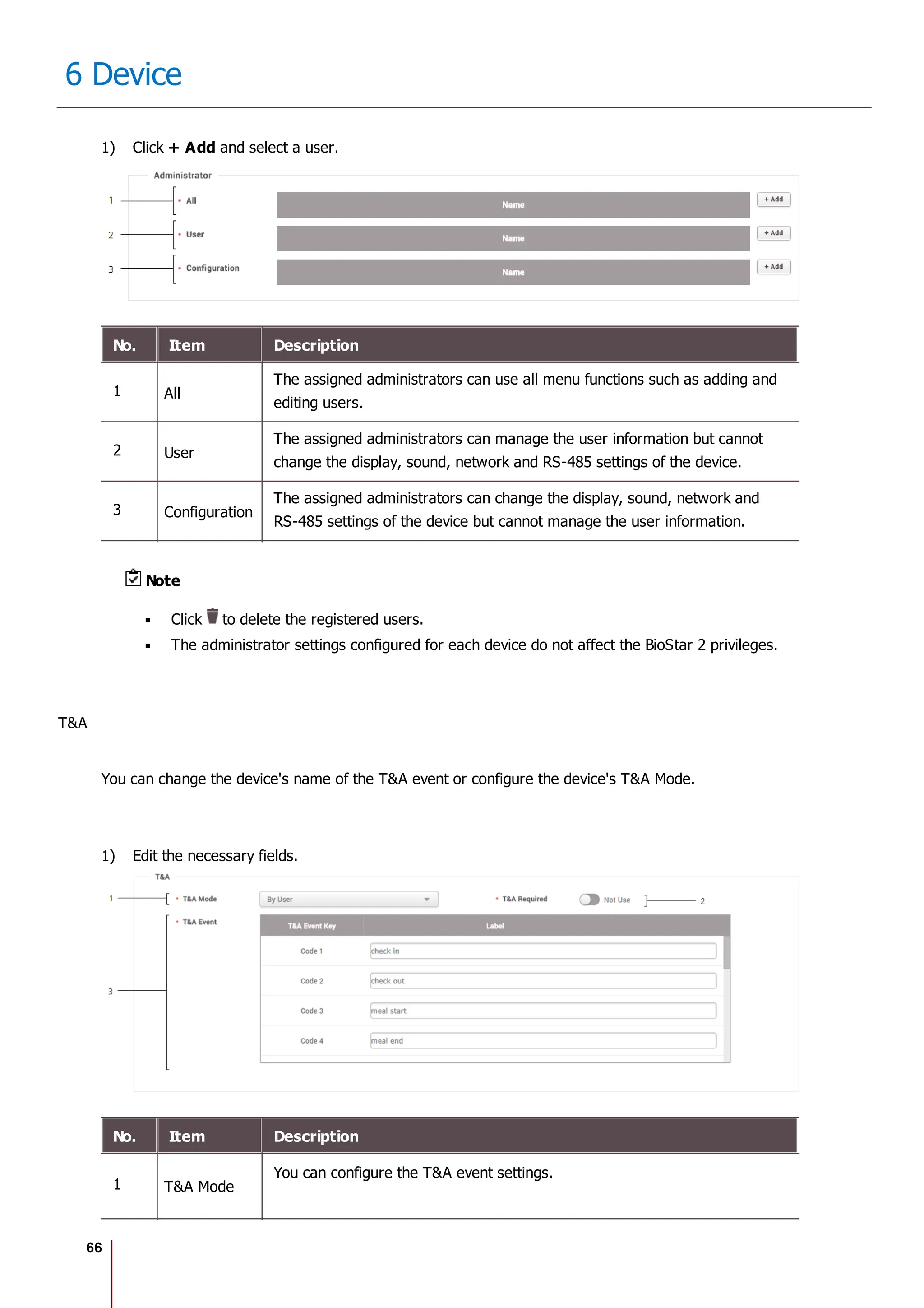 66
6 Device
1) Click + Add and select a user.
No. Item Description
1 All
The assigned administrators can use all menu functions such as adding and
editing users.
2 User
The assigned administrators can manage the user information but cannot
change the display, sound, network and RS-485 settings of the device.
3 Configuration
The assigned administrators can change the display, sound, network and
RS-485 settings of the device but cannot manage the user information.
Note
Click to delete the registered users.
The administrator settings configured for each device do not affect the BioStar 2 privileges.
T&A
You can change the device's name of the T&A event or configure the device's T&A Mode.
1) Edit the necessary fields.
No. Item Description
1 T&A Mode
You can configure the T&A event settings.
 