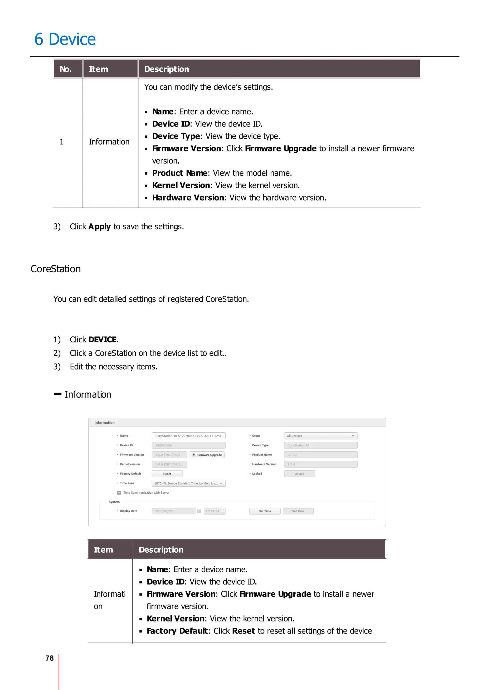 78
6 Device
No. Item Description
1 Information
You can modify the device’s settings.
Name: Enter a device name.
Device ID: View the device ID.
Device Type: View the device type.
Firmware Version: Click Firmware Upgrade to install a newer firmware
version.
Product Name: View the model name.
Kernel Version: View the kernel version.
Hardware Version: View the hardware version.
3) Click Apply to save the settings.
CoreStation
You can edit detailed settings of registered CoreStation.
1) Click DEVICE.
2) Click a CoreStation on the device list to edit..
3) Edit the necessary items.
Information
Item Description
Informati
on
Name: Enter a device name.
Device ID: View the device ID.
Firmware Version: Click Firmware Upgrade to install a newer
firmware version.
Kernel Version: View the kernel version.
Factory Default: Click Reset to reset all settings of the device
 