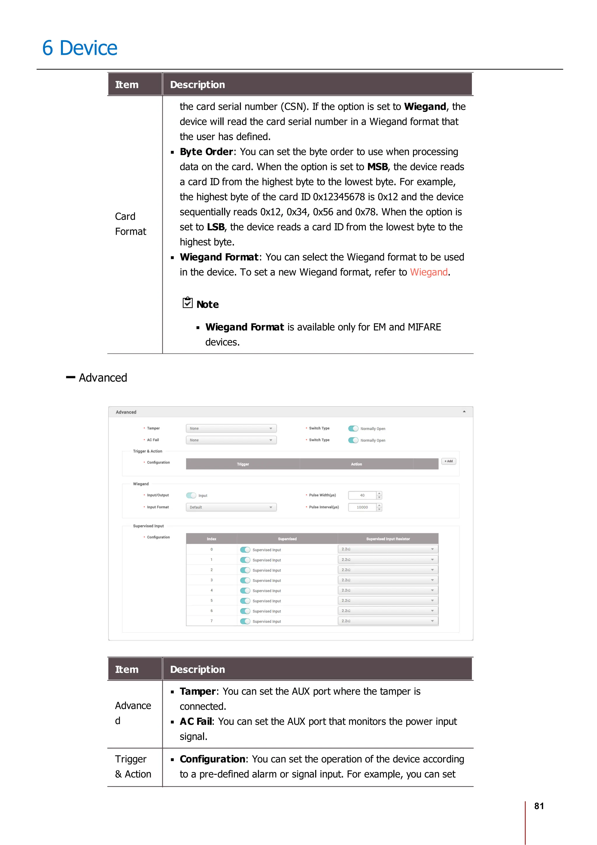 81
6 Device
Item Description
Card
Format
the card serial number (CSN). If the option is set to Wiegand, the
device will read the card serial number in a Wiegand format that
the user has defined.
Byte Order: You can set the byte order to use when processing
data on the card. When the option is set to MSB, the device reads
a card ID from the highest byte to the lowest byte. For example,
the highest byte of the card ID 0x12345678 is 0x12 and the device
sequentially reads 0x12, 0x34, 0x56 and 0x78. When the option is
set to LSB, the device reads a card ID from the lowest byte to the
highest byte.
Wiegand Format: You can select the Wiegand format to be used
in the device. To set a new Wiegand format, refer to Wiegand.
Note
Wiegand Format is available only for EM and MIFARE
devices.
Advanced
Item Description
Advance
d
Tamper: You can set the AUX port where the tamper is
connected.
AC Fail: You can set the AUX port that monitors the power input
signal.
Trigger
& Action
Configuration: You can set the operation of the device according
to a pre-defined alarm or signal input. For example, you can set
 