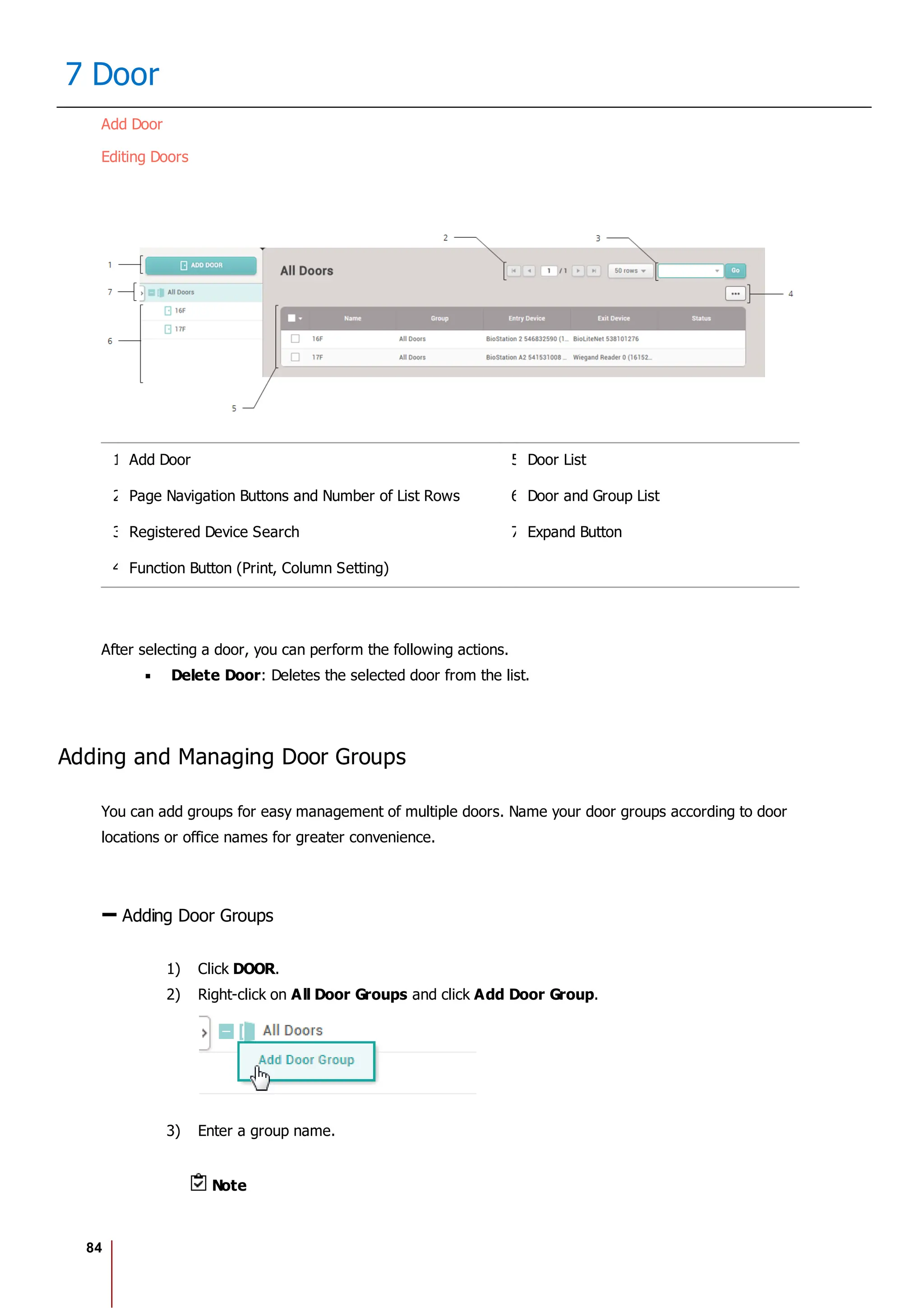 84
7 Door
Add Door
Editing Doors
1 Add Door 5 Door List
2 Page Navigation Buttons and Number of List Rows 6 Door and Group List
3 Registered Device Search 7 Expand Button
4 Function Button (Print, Column Setting)
After selecting a door, you can perform the following actions.
Delete Door: Deletes the selected door from the list.
Adding and Managing Door Groups
You can add groups for easy management of multiple doors. Name your door groups according to door
locations or office names for greater convenience.
Adding Door Groups
1) Click DOOR.
2) Right-click on All Door Groups and click Add Door Group.
3) Enter a group name.
Note
 