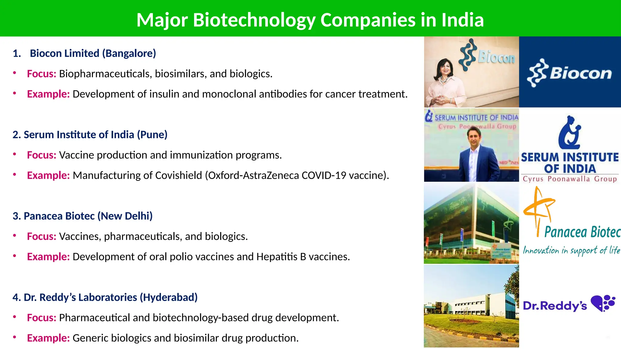 Major Biotechnology Companies in India
1. Biocon Limited (Bangalore)
• Focus: Biopharmaceuticals, biosimilars, and biologics.
• Example: Development of insulin and monoclonal antibodies for cancer treatment.
2. Serum Institute of India (Pune)
• Focus: Vaccine production and immunization programs.
• Example: Manufacturing of Covishield (Oxford-AstraZeneca COVID-19 vaccine).
3. Panacea Biotec (New Delhi)
• Focus: Vaccines, pharmaceuticals, and biologics.
• Example: Development of oral polio vaccines and Hepatitis B vaccines.
4. Dr. Reddy’s Laboratories (Hyderabad)
• Focus: Pharmaceutical and biotechnology-based drug development.
• Example: Generic biologics and biosimilar drug production.
 