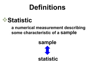 Definitions Statistic   a numerical measurement describing  some characteristic of a  sample sample statistic 