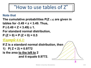 “How to use tables of Z”
Note that
The cumulative probabilities P(Z  z) are given in
tables for -3.49 < z < 3.49. Thus,
P (-3.49 < Z < 3.49)  1.
For standard normal distribution,
P (Z > 0) = P (Z < 0) = 0.5
Example 4.6.1:
If Z is a standard normal distribution, then
1) P( Z < 2) = 0.9772
is the area to the left to 2
and it equals 0.9772.
Mekele University: Biostatistics 119
2
 