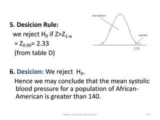 Mekele University: Biostatistics 175
5. Desicion Rule:
we reject H0 if Z>Z1-α
= Z0.99= 2.33
(from table D)
6. Desicion: We reject H0.
Hence we may conclude that the mean systolic
blood pressure for a population of African-
American is greater than 140.
 